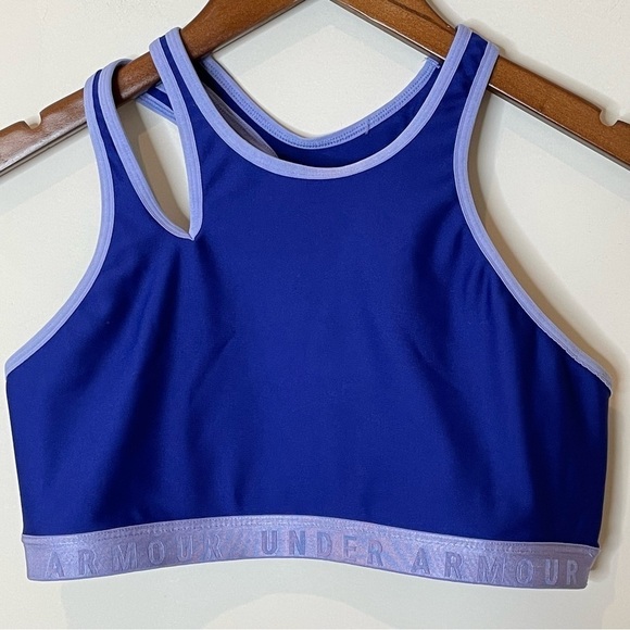 Under Armour Asymmetrical Sports Bra Spell Out Low Impact Cutout Cobalt Blue L - Picture 2 of 13